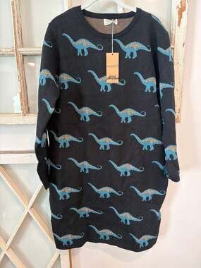 NWT Sugarhill size 10 Jaida Black Knit Sweater Dress Happy Herbivore Dinosaurs